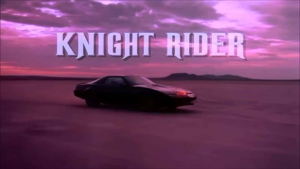 The iconic black car KITT from the TV show "Knight Rider" with the show title in bold letters.