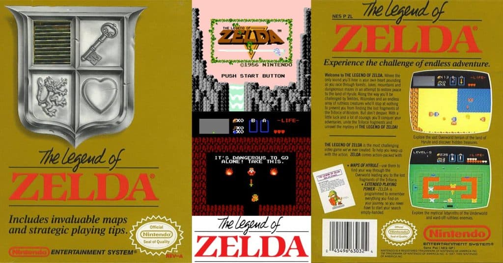 The original box art and screenshots from the 1986 NES game "The Legend of Zelda."