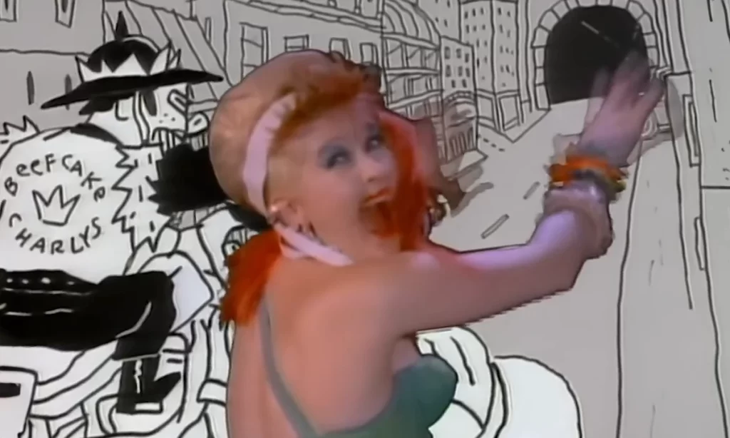 Cindy Lauper in colorful outfit dancing with cartoon background