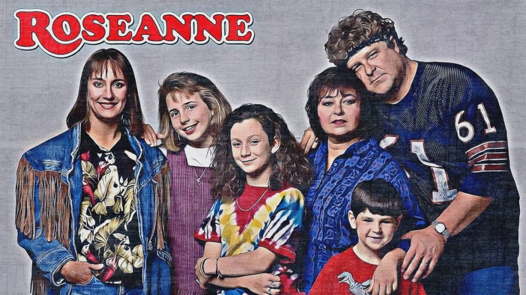 Cast of 'Roseanne' sitcom, group portrait.