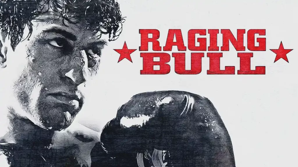 Raging Bull movie poster with boxer illustration.