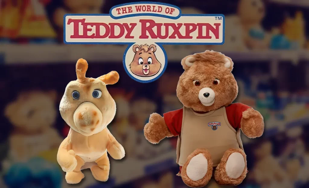 Teddy Ruxpin toys with logo in background.