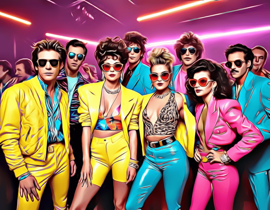 Colorful 80s fashion style party scene.
