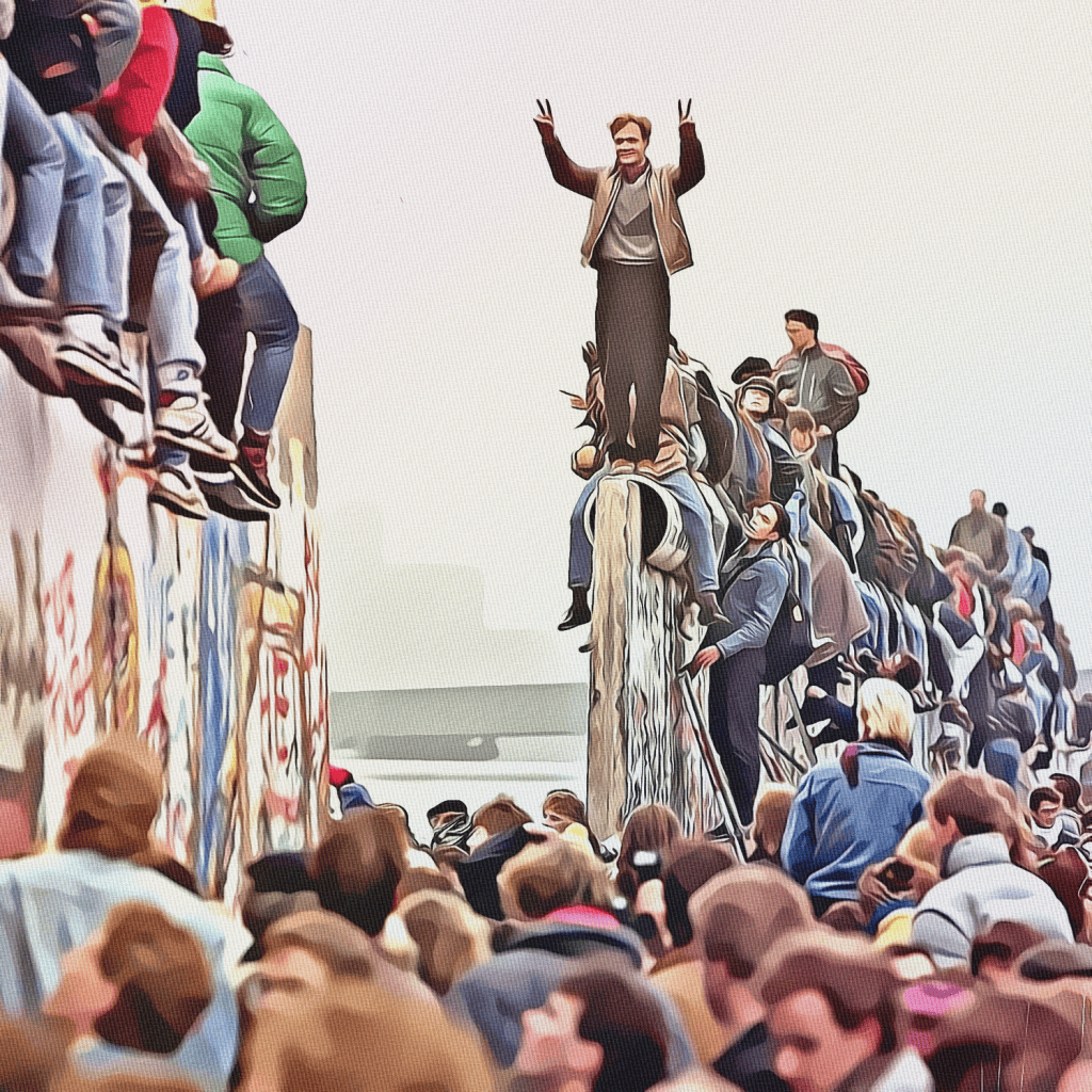 People atop Berlin Wall during its fall, 1989.