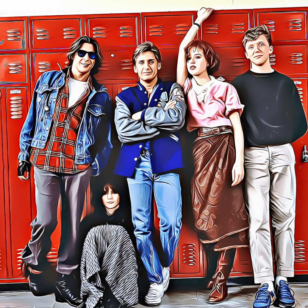 Five teenagers pose by red school lockers.