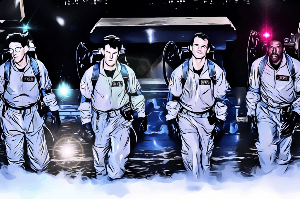 Cartoon ghost hunters in action with equipment.