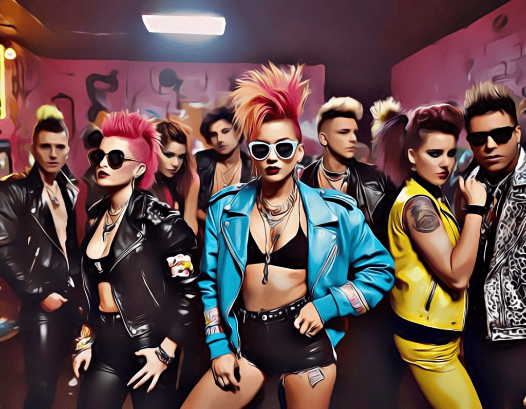 Group in colorful punk rock outfits and hairstyles.